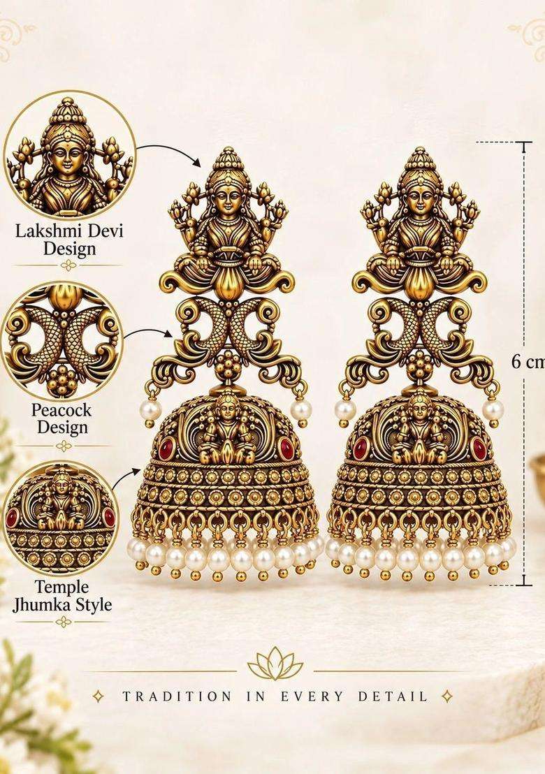 Gold-Plated Geometric Jhumkas Earrings with Pearl for Women | Traditional Temple Jewellery for Wedding & Festive Wear | Gift for Her - Indya