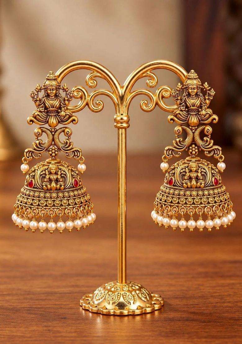 Gold-Plated Geometric Jhumkas Earrings with Pearl for Women | Traditional Temple Jewellery for Wedding & Festive Wear | Gift for Her - Indya