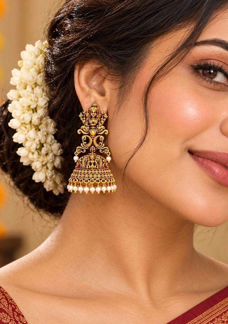 Gold-Plated Geometric Jhumkas Earrings with Pearl for Women | Traditional Temple Jewellery for Wedding & Festive Wear | Gift for Her - Indya