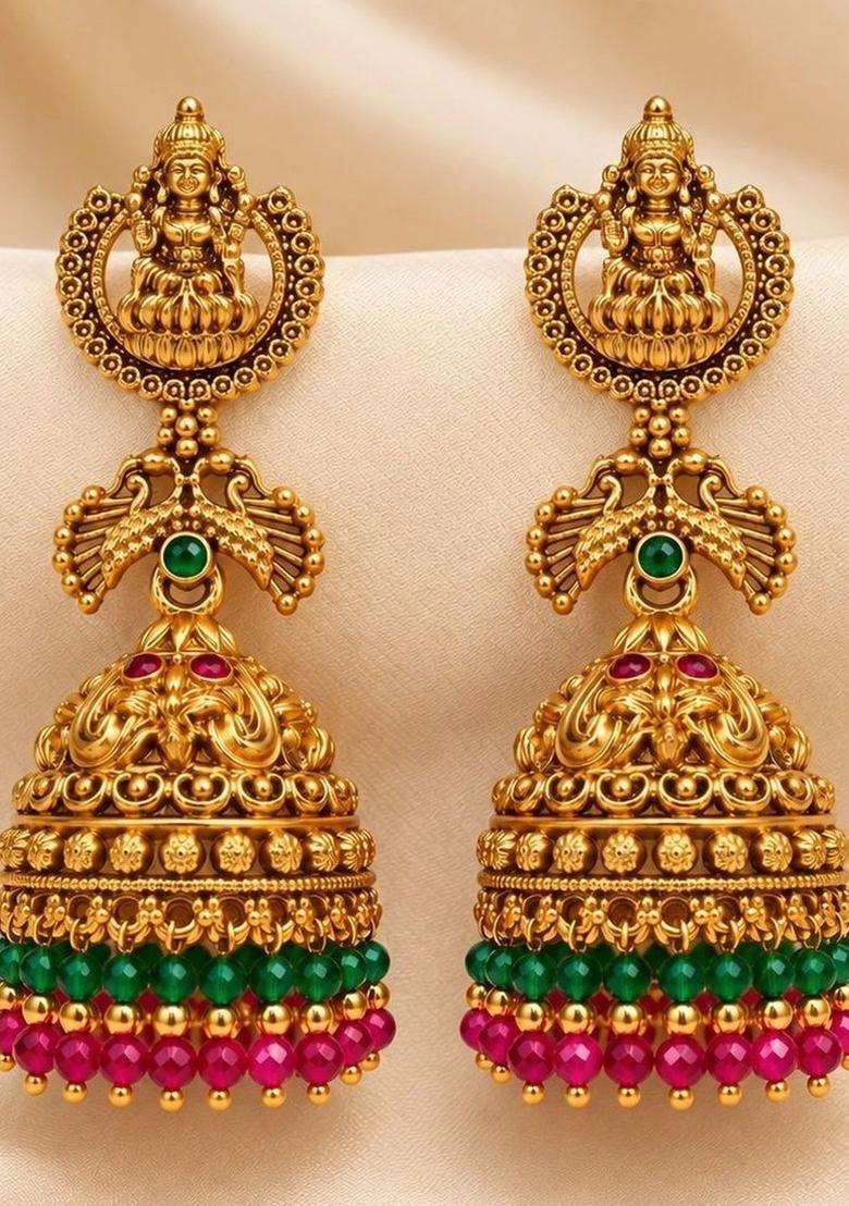 Gold-Plated Dome Shaped Jhumkas Earrings for Women | Traditional Temple Jewellery for Wedding & Festive Wear | Gift for Her - Indya