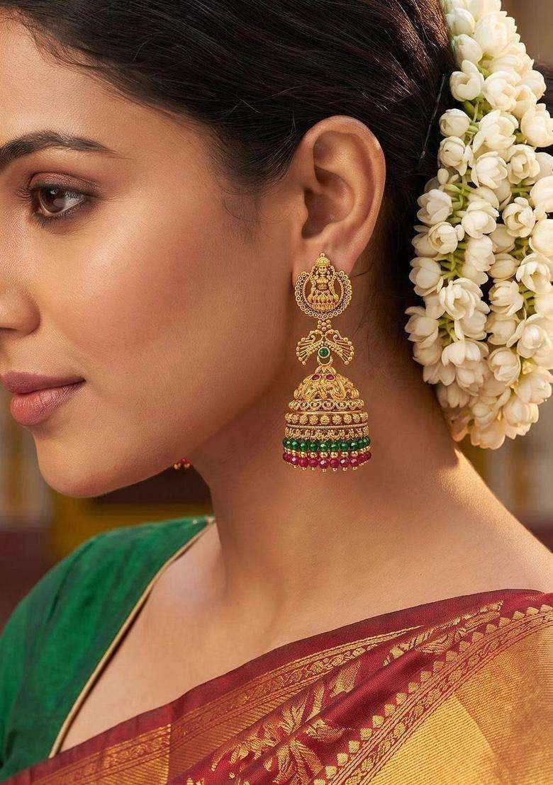 Gold-Plated Dome Shaped Jhumkas Earrings for Women | Traditional Temple Jewellery for Wedding & Festive Wear | Gift for Her - Indya