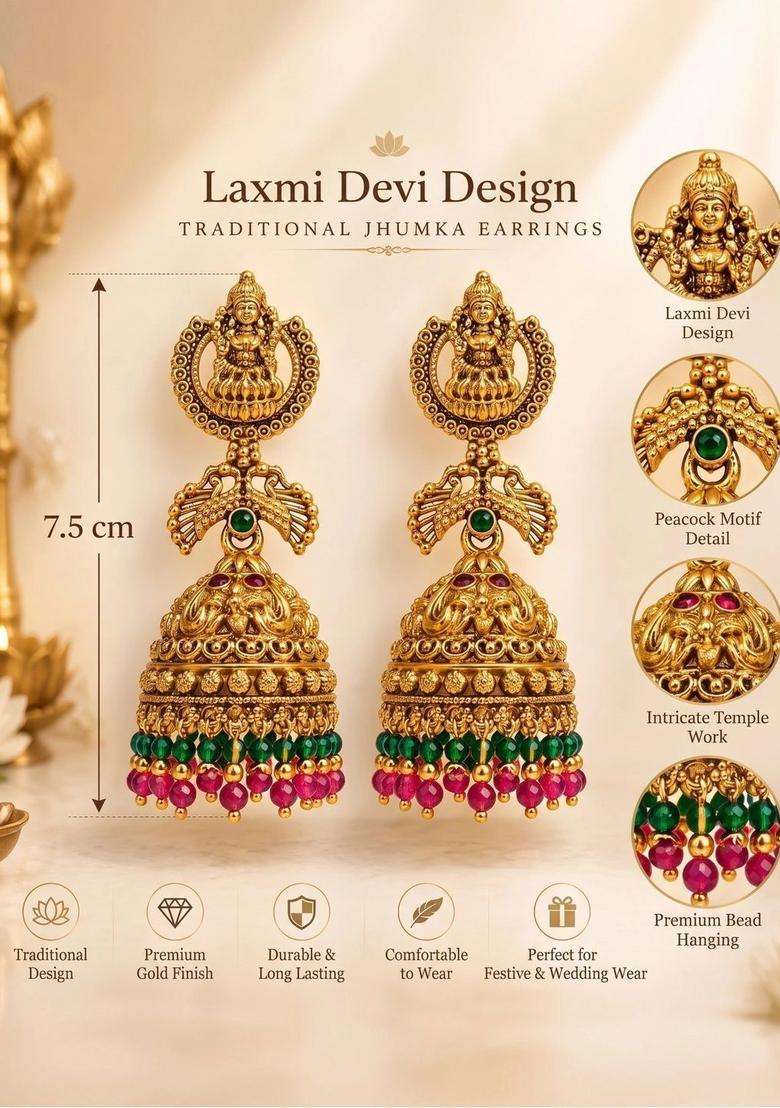 Gold-Plated Dome Shaped Jhumkas Earrings for Women | Traditional Temple Jewellery for Wedding & Festive Wear | Gift for Her - Indya