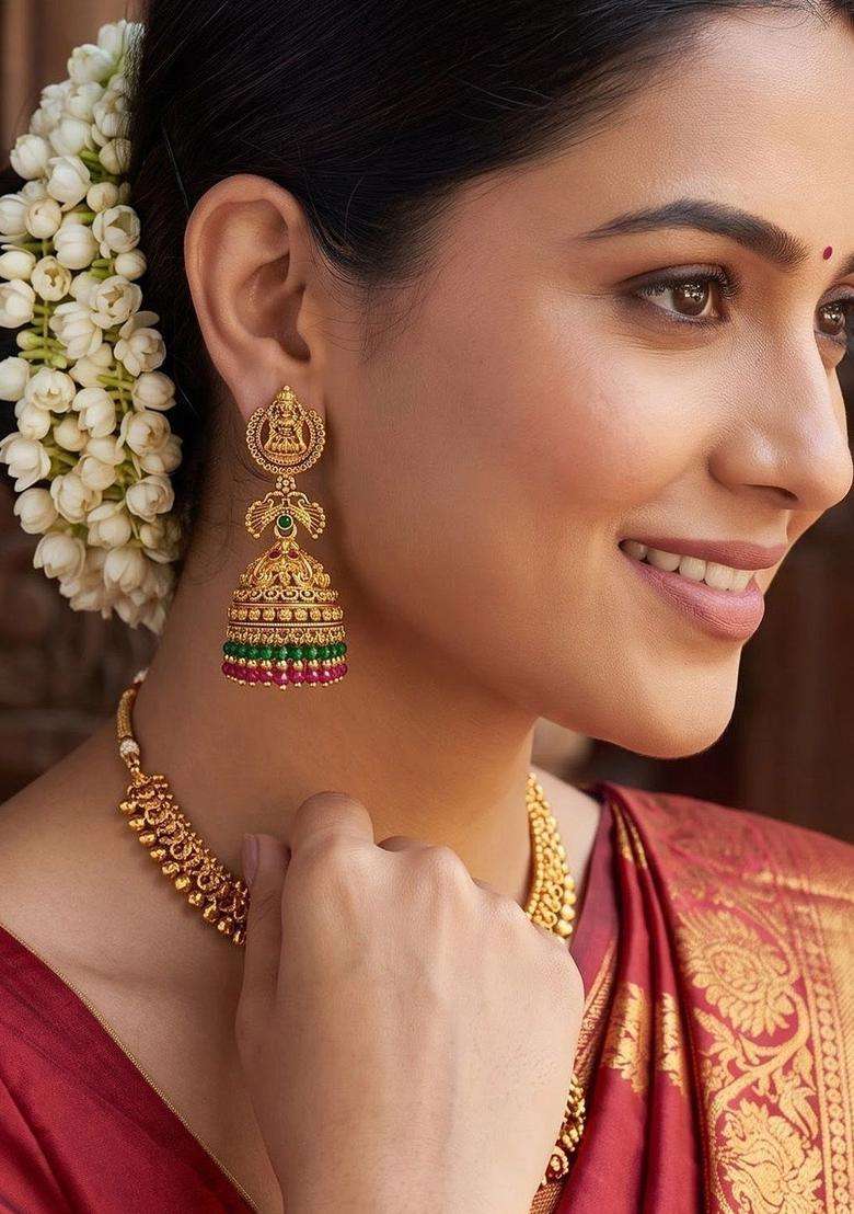 Gold-Plated Dome Shaped Jhumkas Earrings for Women | Traditional Temple Jewellery for Wedding & Festive Wear | Gift for Her - Indya