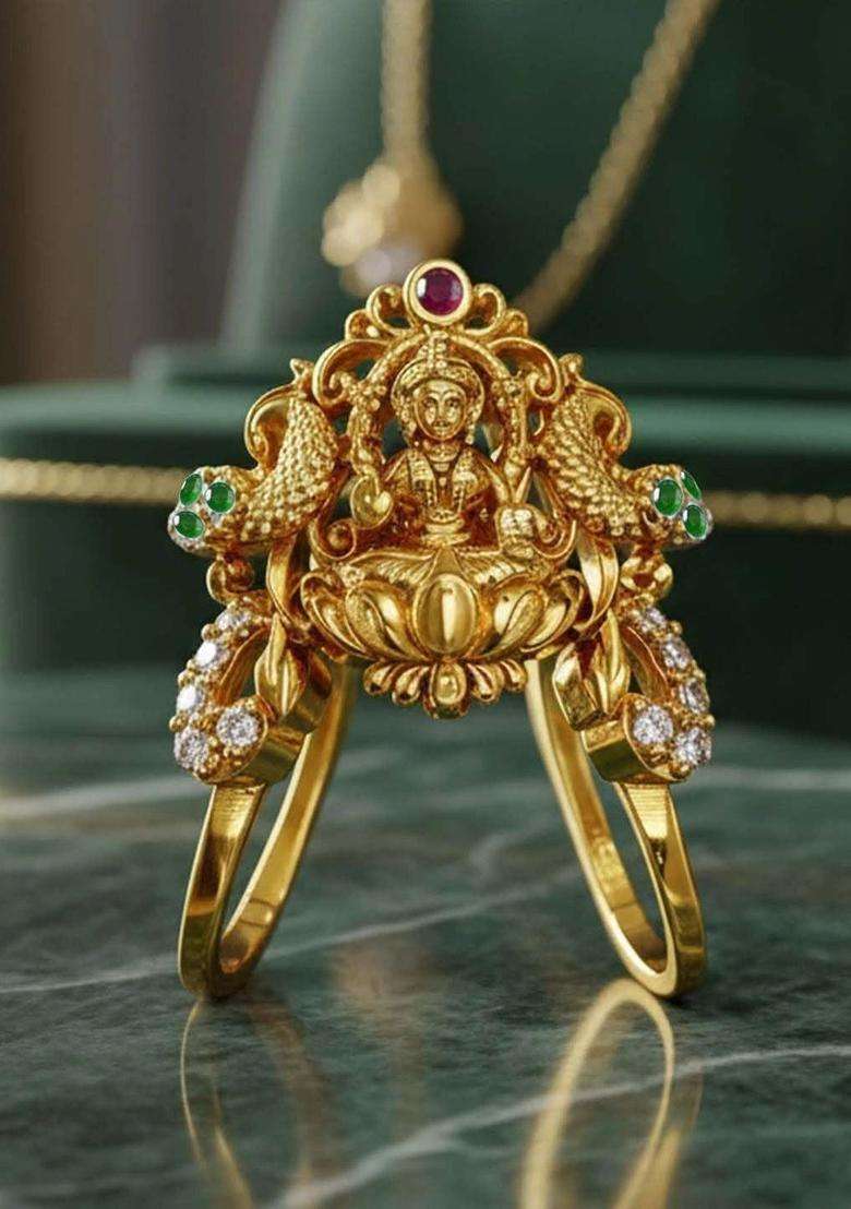 Gold-Plated Temple Cubic Zirconia Finger Ring for Women | Traditional Temple Jewellery for Wedding & Festive Wear | Gift for Her - Indya
