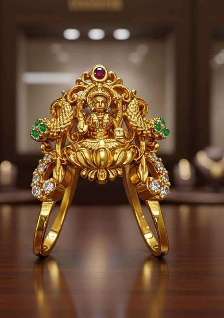 Gold-Plated Temple Cubic Zirconia Finger Ring for Women | Traditional Temple Jewellery for Wedding & Festive Wear | Gift for Her - Indya