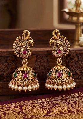 Gold-Plated Peacock Shaped Jhumkas Earrings with Pearl for Women | Traditional Temple Jewellery for Wedding & Festive Wear | Gift for Her