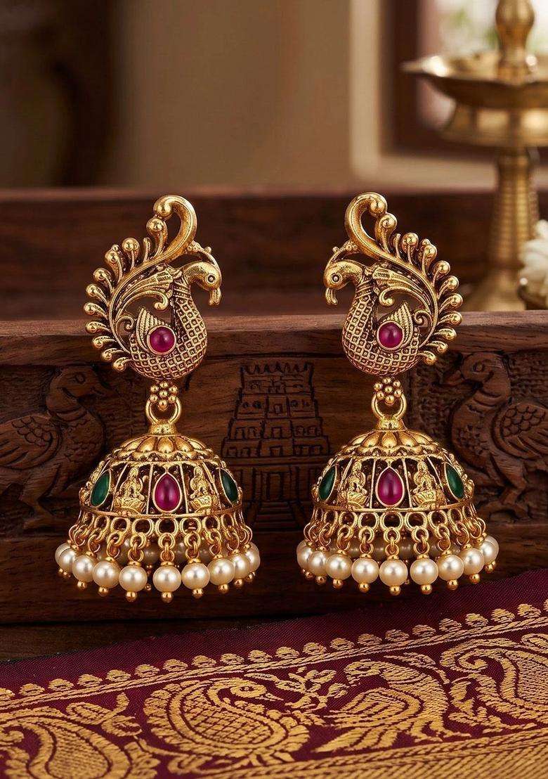 Gold-Plated Peacock Shaped Jhumkas Earrings with Pearl for Women | Traditional Temple Jewellery for Wedding & Festive Wear | Gift for Her - Indya