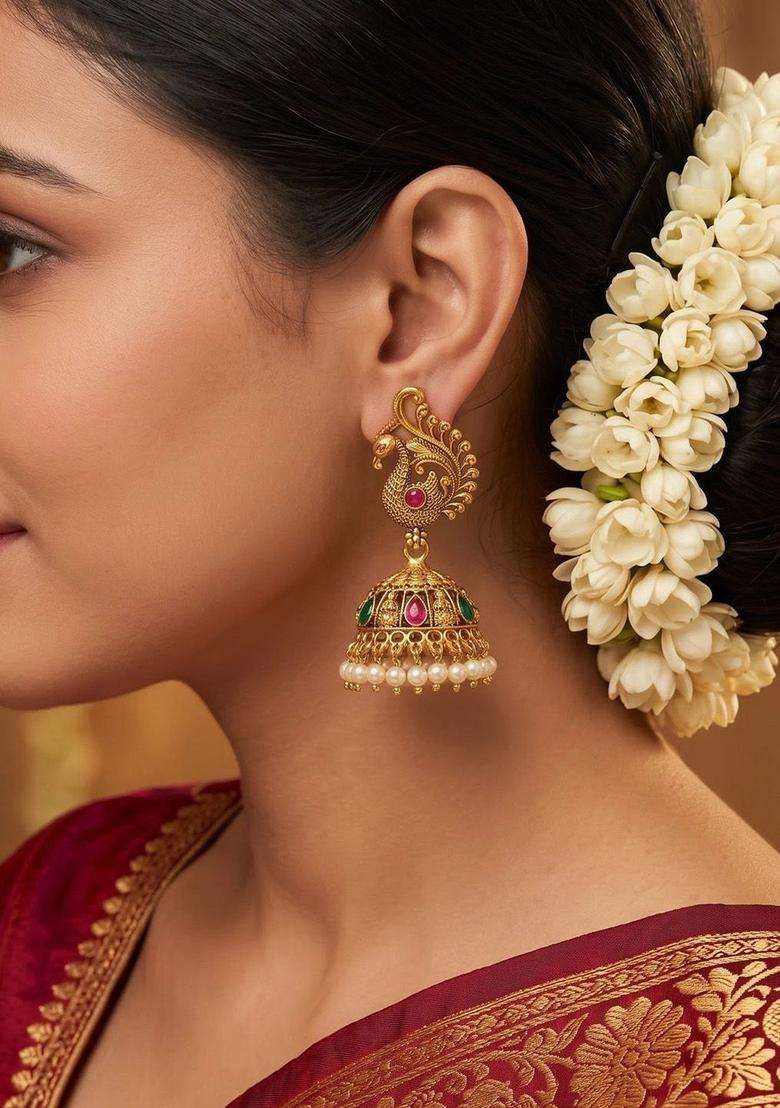 Gold-Plated Peacock Shaped Jhumkas Earrings with Pearl for Women | Traditional Temple Jewellery for Wedding & Festive Wear | Gift for Her - Indya