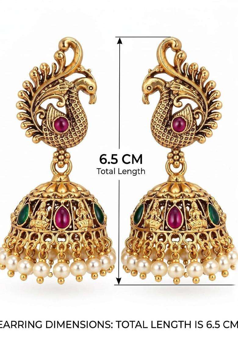 Gold-Plated Peacock Shaped Jhumkas Earrings with Pearl for Women | Traditional Temple Jewellery for Wedding & Festive Wear | Gift for Her - Indya