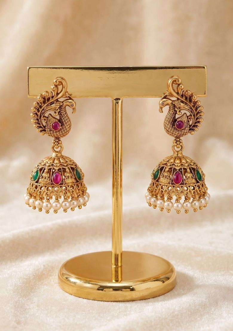 Gold-Plated Peacock Shaped Jhumkas Earrings with Pearl for Women | Traditional Temple Jewellery for Wedding & Festive Wear | Gift for Her - Indya