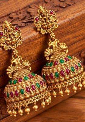 Gold-Plated Laxmi Design Kempu Jewellery Jhumka Earrings Accessories with Kundan for Women | Traditional Temple Jewellery for Wedding & Festive Wear | Gift for Her