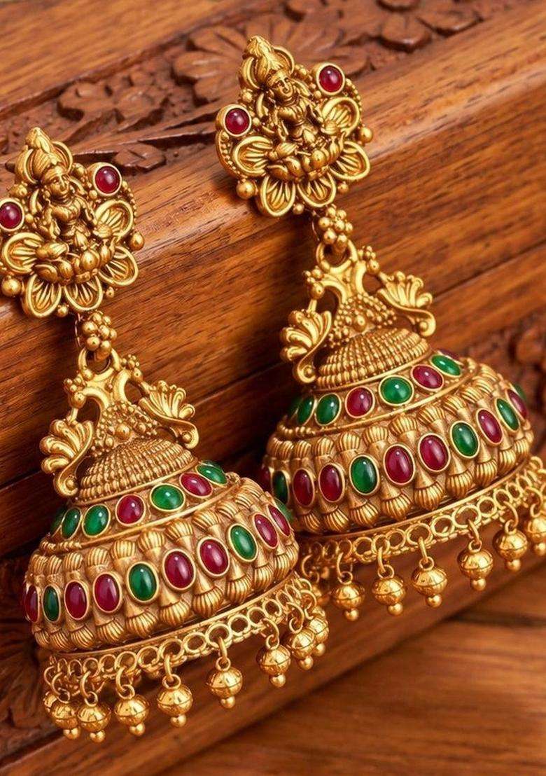 Gold-Plated Laxmi Design Kempu Jewellery Jhumka Earrings Accessories with Kundan for Women | Traditional Temple Jewellery for Wedding & Festive Wear | Gift for Her - Indya