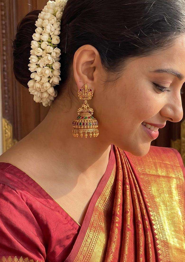 Gold-Plated Laxmi Design Kempu Jewellery Jhumka Earrings Accessories with Kundan for Women | Traditional Temple Jewellery for Wedding & Festive Wear | Gift for Her - Indya