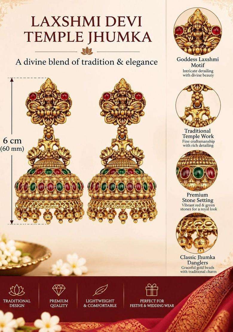 Gold-Plated Laxmi Design Kempu Jewellery Jhumka Earrings Accessories with Kundan for Women | Traditional Temple Jewellery for Wedding & Festive Wear | Gift for Her - Indya