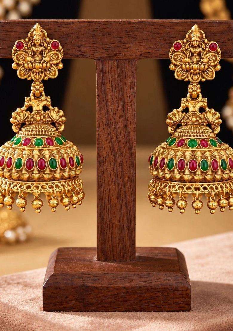 Gold-Plated Laxmi Design Kempu Jewellery Jhumka Earrings Accessories with Kundan for Women | Traditional Temple Jewellery for Wedding & Festive Wear | Gift for Her - Indya