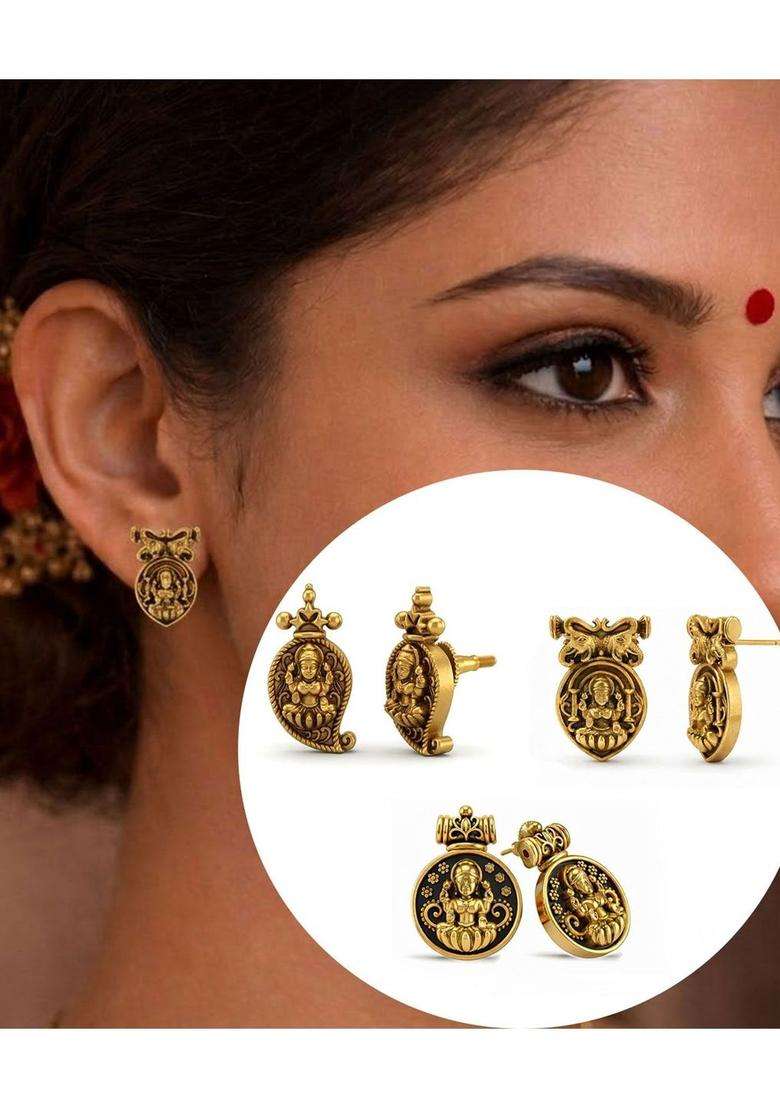 Gold-Plated Contemporary Studs Earrings for Women | Traditional Temple Jewellery for Wedding & Festive Wear | Gift for Her - Indya