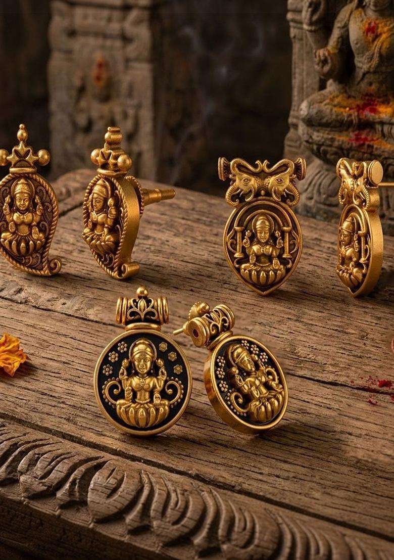 Gold-Plated Contemporary Studs Earrings for Women | Traditional Temple Jewellery for Wedding & Festive Wear | Gift for Her - Indya