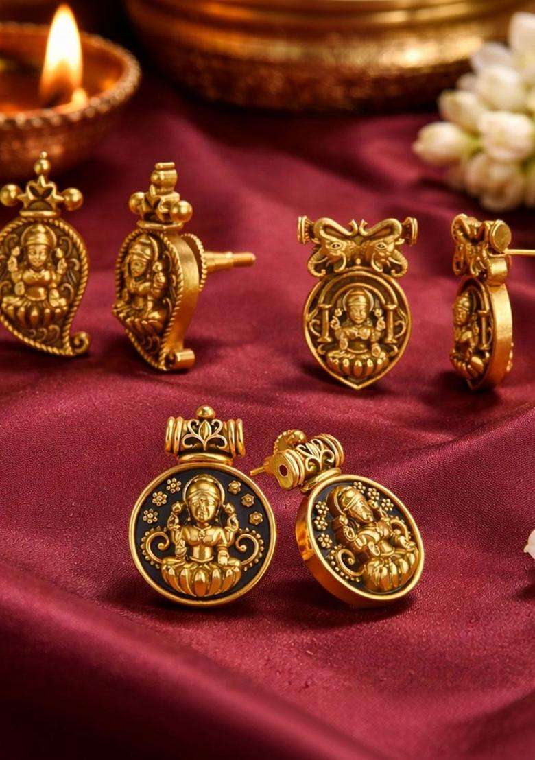 Gold-Plated Contemporary Studs Earrings for Women | Traditional Temple Jewellery for Wedding & Festive Wear | Gift for Her - Indya