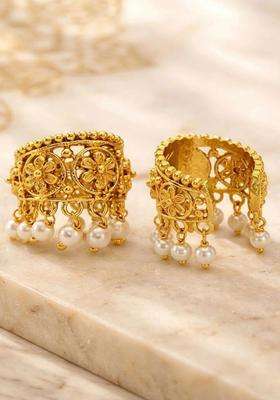 Gold-Plated Floral Ear Cuff Earrings with Pearl for Women | Traditional Temple Jewellery for Wedding & Festive Wear | Gift for Her