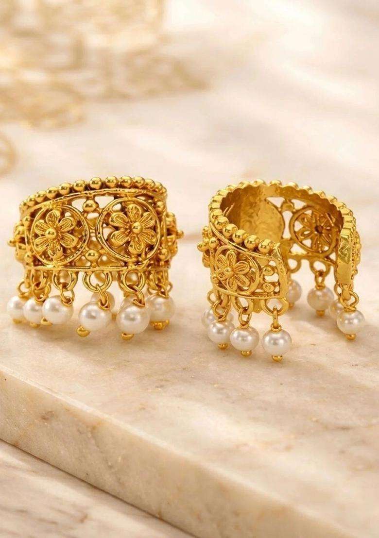 Gold-Plated Floral Ear Cuff Earrings with Pearl for Women | Traditional Temple Jewellery for Wedding & Festive Wear | Gift for Her - Indya