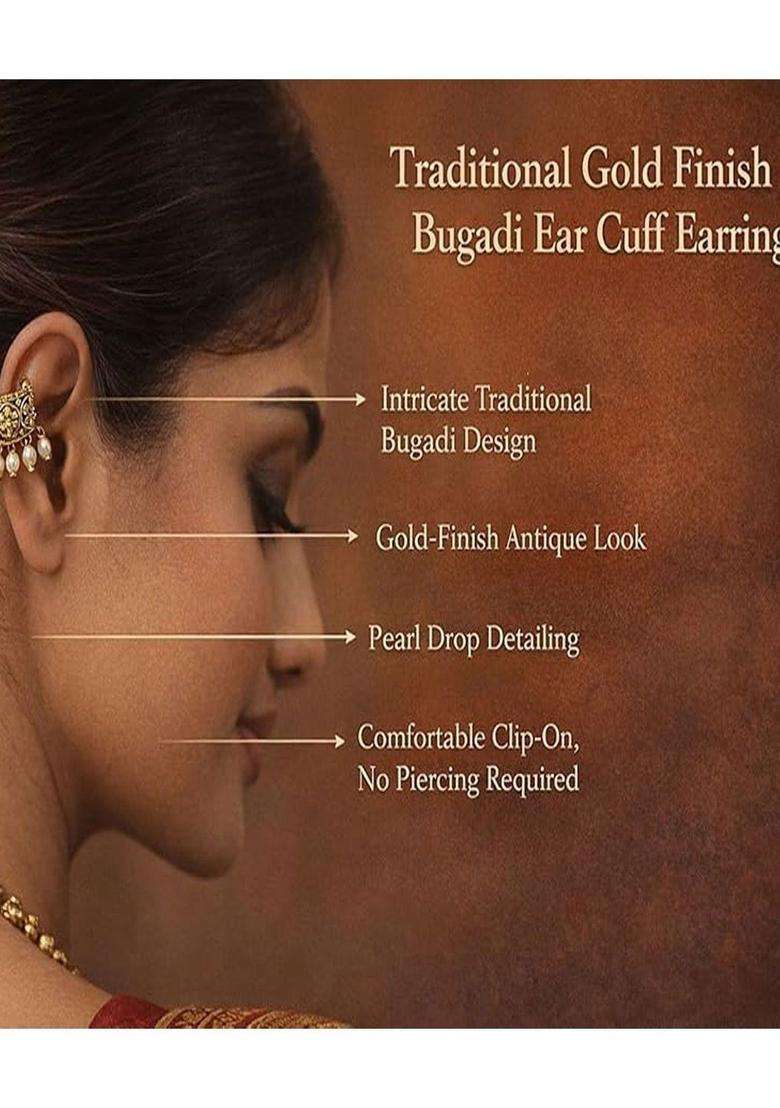 Gold-Plated Floral Ear Cuff Earrings with Pearl for Women | Traditional Temple Jewellery for Wedding & Festive Wear | Gift for Her - Indya
