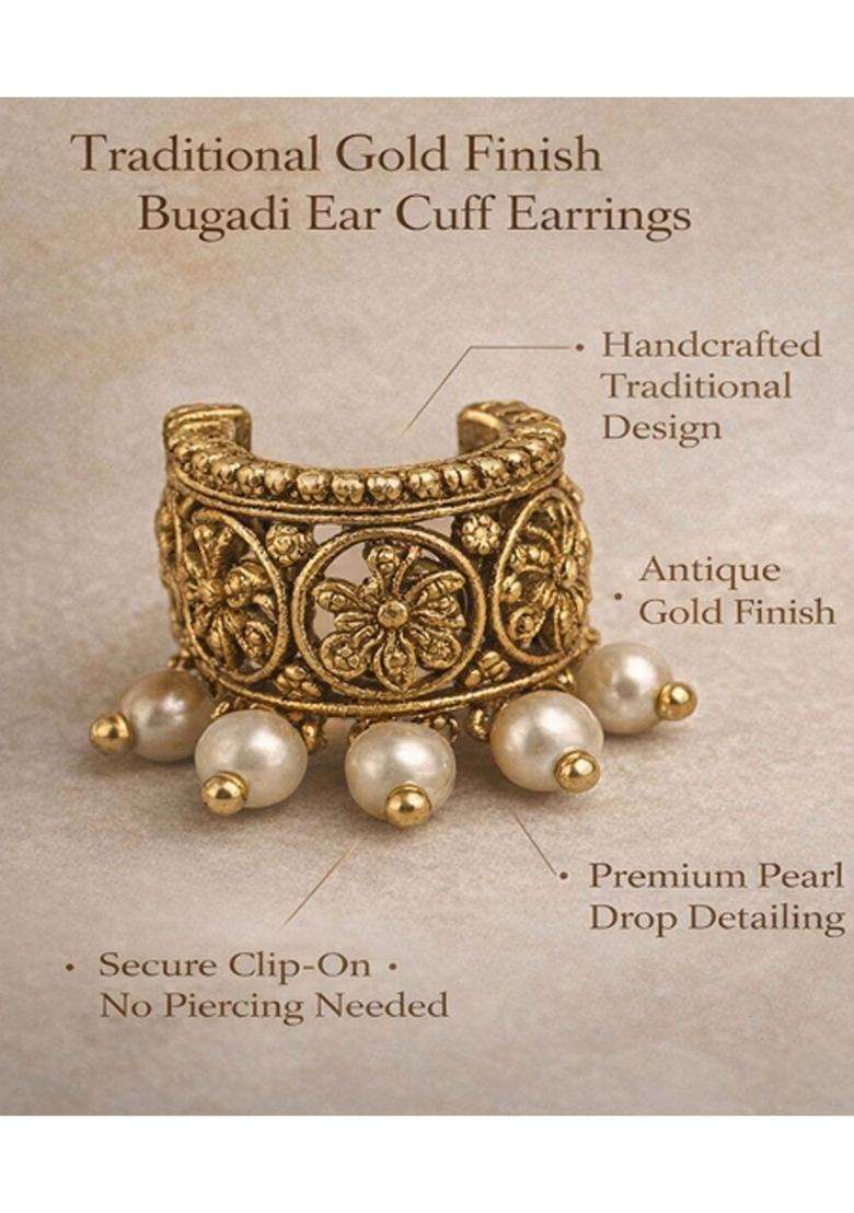 Gold-Plated Floral Ear Cuff Earrings with Pearl for Women | Traditional Temple Jewellery for Wedding & Festive Wear | Gift for Her - Indya