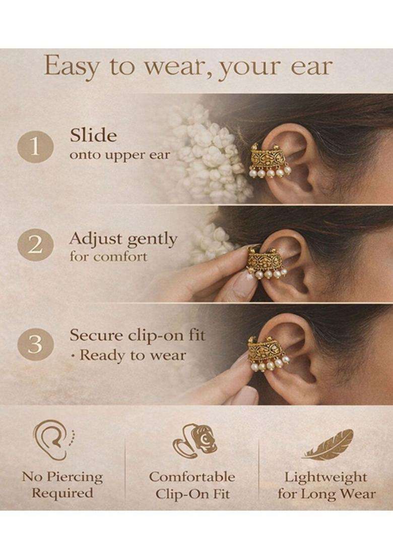 Gold-Plated Floral Ear Cuff Earrings with Pearl for Women | Traditional Temple Jewellery for Wedding & Festive Wear | Gift for Her - Indya