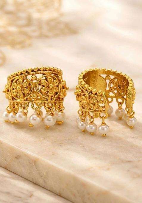 Gold-Plated Floral Ear Cuff Earrings with Pearl for Women | Traditional Temple Jewellery for Wedding & Festive Wear | Gift for Her