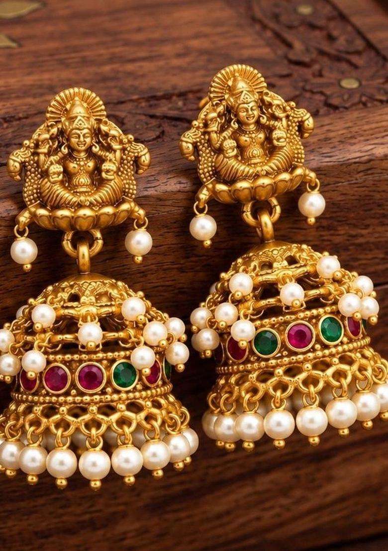 Gold-Plated Dome Shaped Jhumkas Earrings with Pearl for Women | Traditional Temple Jewellery for Wedding & Festive Wear | Gift for Her - Indya