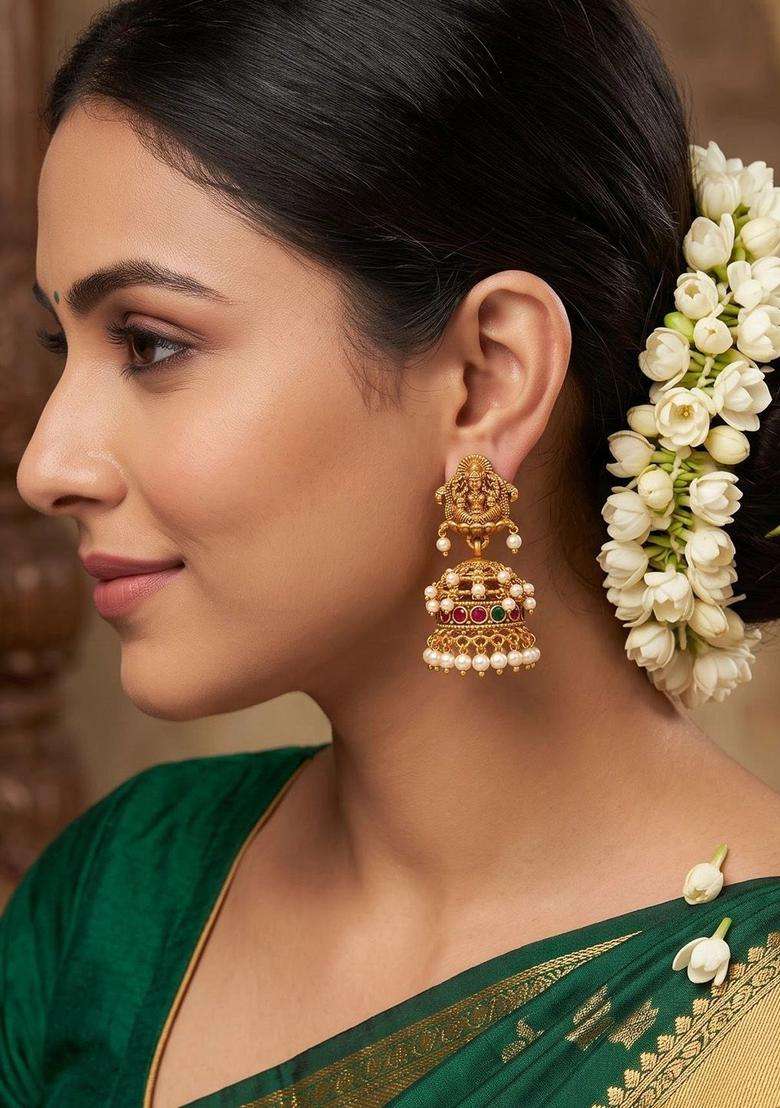 Gold-Plated Dome Shaped Jhumkas Earrings with Pearl for Women | Traditional Temple Jewellery for Wedding & Festive Wear | Gift for Her - Indya