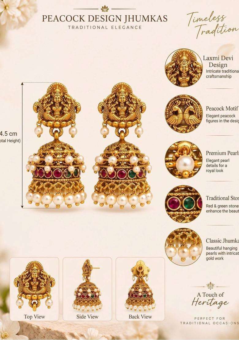 Gold-Plated Dome Shaped Jhumkas Earrings with Pearl for Women | Traditional Temple Jewellery for Wedding & Festive Wear | Gift for Her - Indya