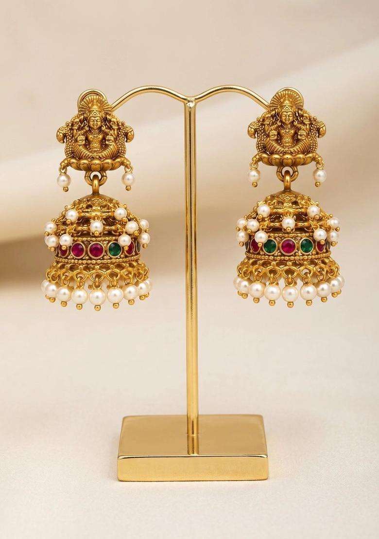 Gold-Plated Dome Shaped Jhumkas Earrings with Pearl for Women | Traditional Temple Jewellery for Wedding & Festive Wear | Gift for Her - Indya
