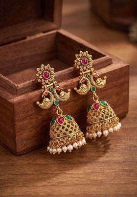 Gold-Plated Floral Jhumkas Earrings with Pearl for Women | Traditional Temple Jewellery for Wedding & Festive Wear | Gift for Her