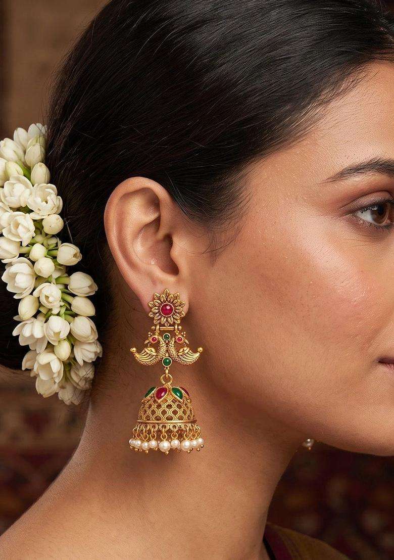 Gold-Plated Floral Jhumkas Earrings with Pearl for Women | Traditional Temple Jewellery for Wedding & Festive Wear | Gift for Her - Indya