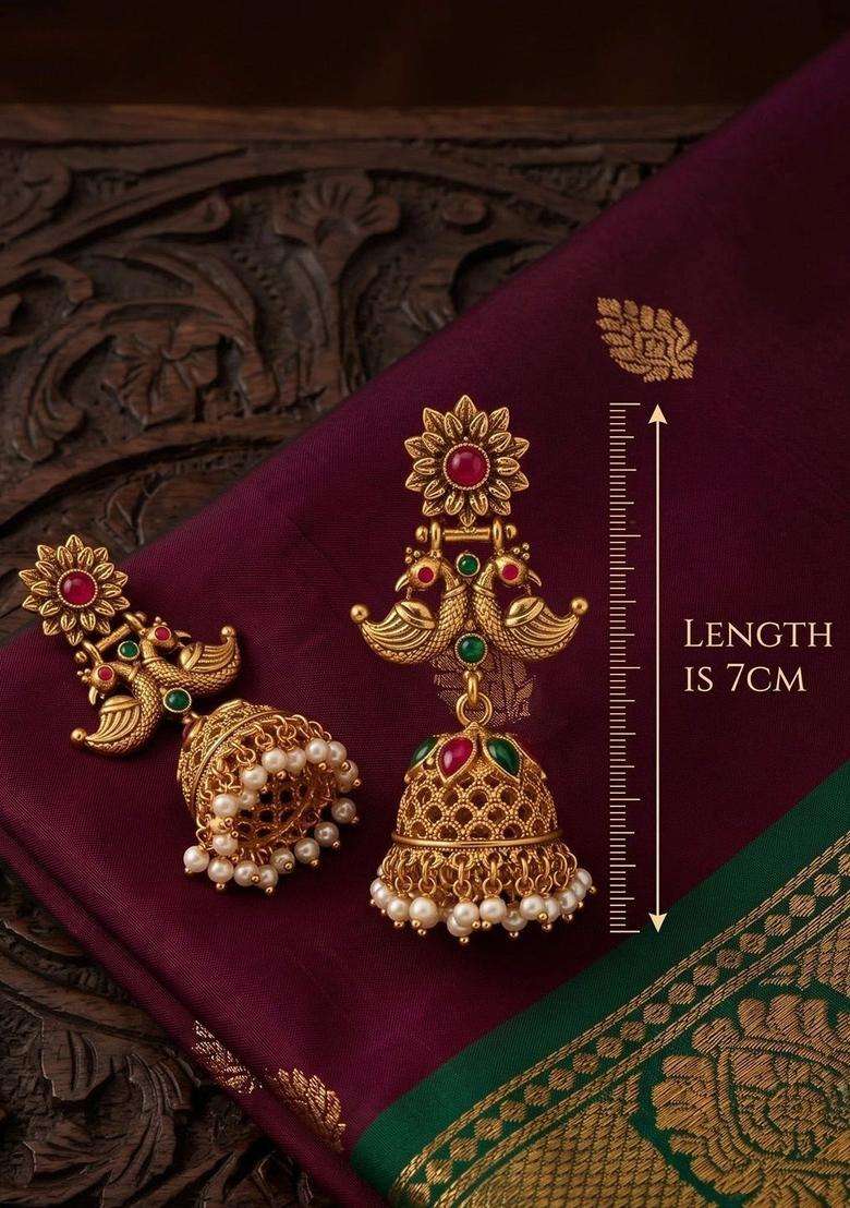 Gold-Plated Floral Jhumkas Earrings with Pearl for Women | Traditional Temple Jewellery for Wedding & Festive Wear | Gift for Her - Indya
