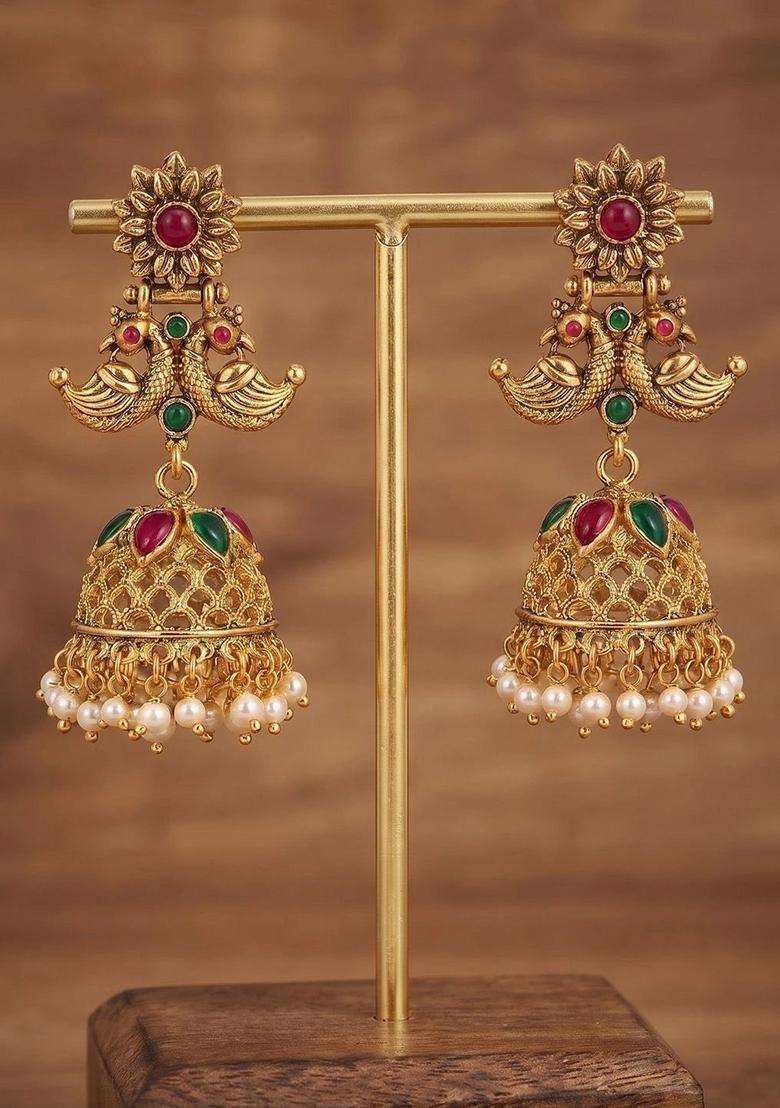 Gold-Plated Floral Jhumkas Earrings with Pearl for Women | Traditional Temple Jewellery for Wedding & Festive Wear | Gift for Her - Indya