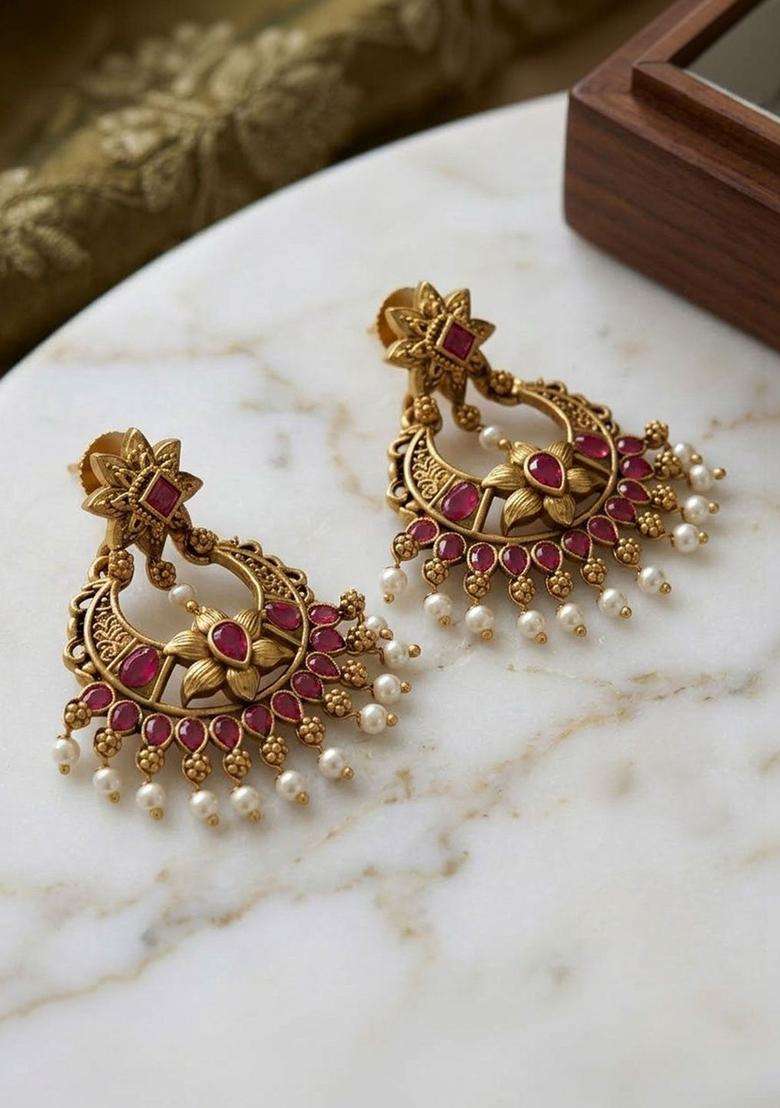 Gold-Plated Crescent Shaped Chandbalis Earrings with CZ Stone for Women | Traditional Temple Jewellery for Wedding & Festive Wear | Gift for Her - Indya