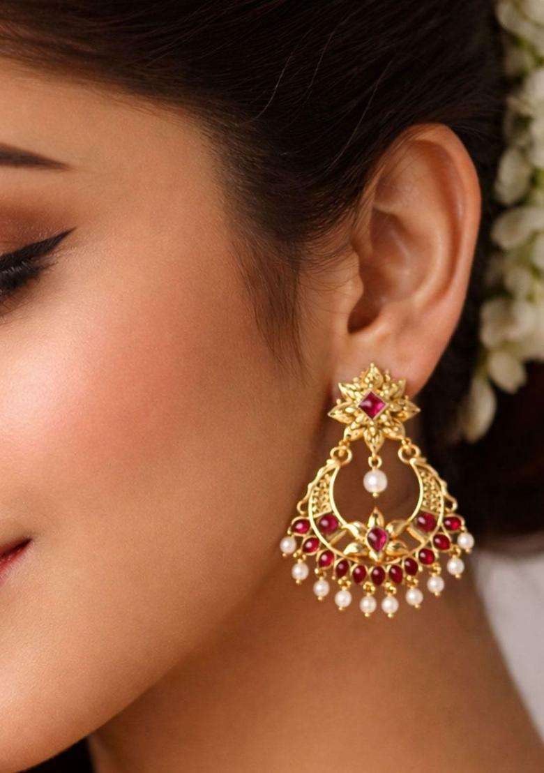 Gold-Plated Crescent Shaped Chandbalis Earrings with CZ Stone for Women | Traditional Temple Jewellery for Wedding & Festive Wear | Gift for Her - Indya