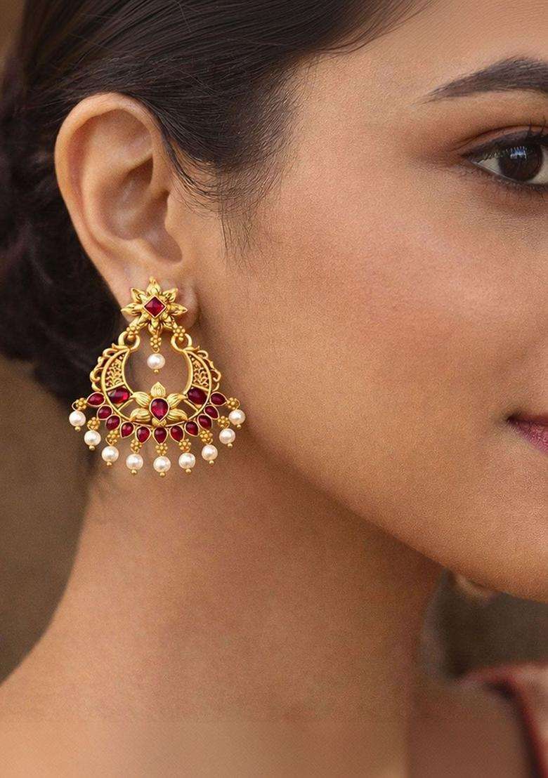 Gold-Plated Crescent Shaped Chandbalis Earrings with CZ Stone for Women | Traditional Temple Jewellery for Wedding & Festive Wear | Gift for Her - Indya