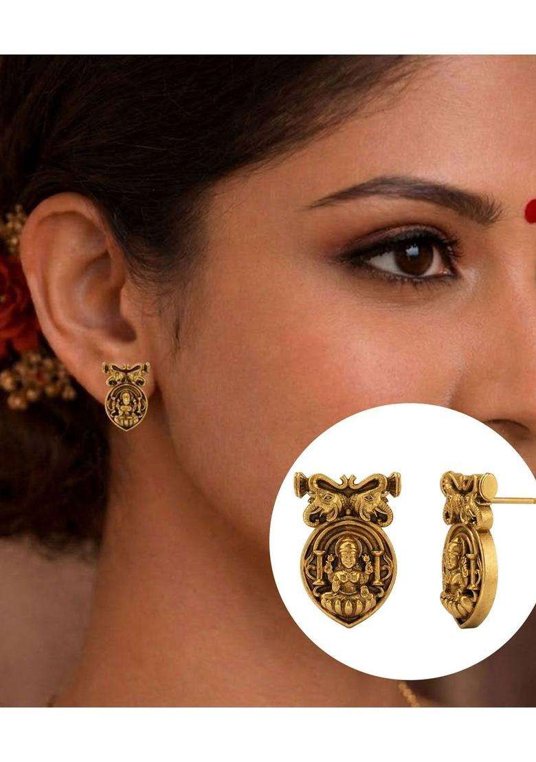 Circular Oxidised Gold Anti Tarnish Temple Ear Studs for Women | Traditional Temple Jewellery for Wedding & Festive Wear | Gift for Her - Indya