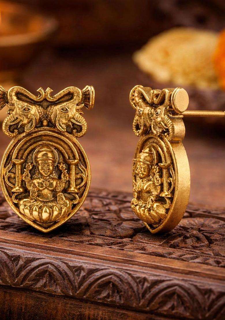 Circular Oxidised Gold Anti Tarnish Temple Ear Studs for Women | Traditional Temple Jewellery for Wedding & Festive Wear | Gift for Her - Indya
