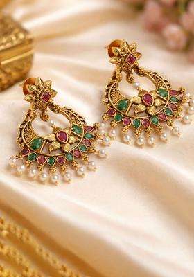 Gold-Plated Crescent Shaped Chandbalis Earrings with CZ Stone for Women | Traditional Temple Jewellery for Wedding & Festive Wear | Gift for Her