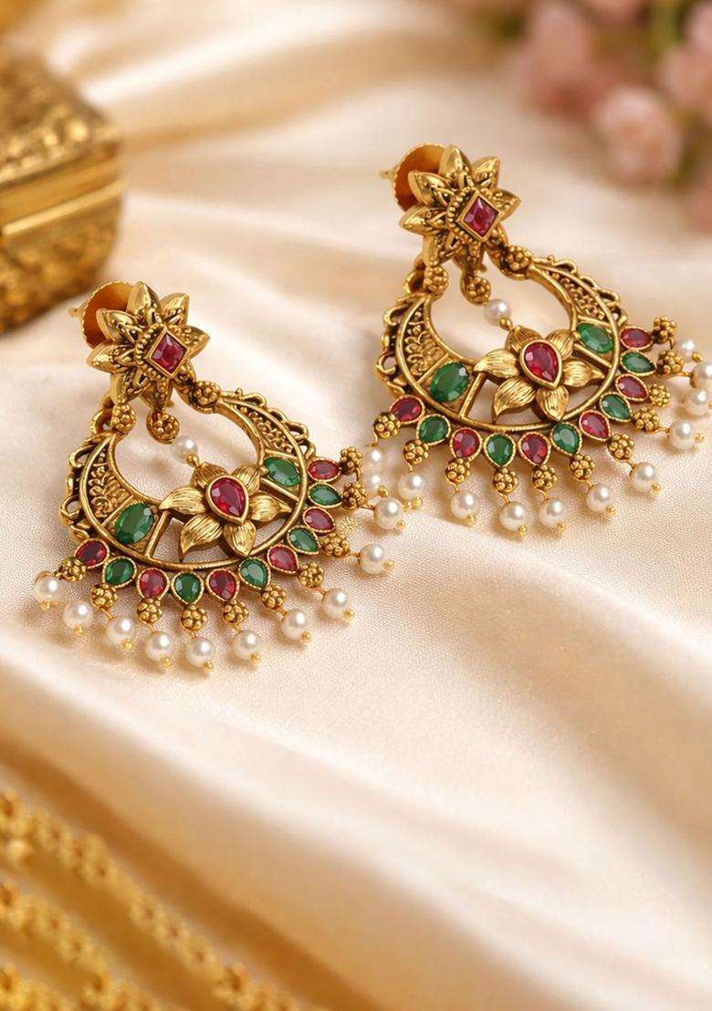 Gold-Plated Crescent Shaped Chandbalis Earrings with CZ Stone for Women | Traditional Temple Jewellery for Wedding & Festive Wear | Gift for Her - Indya