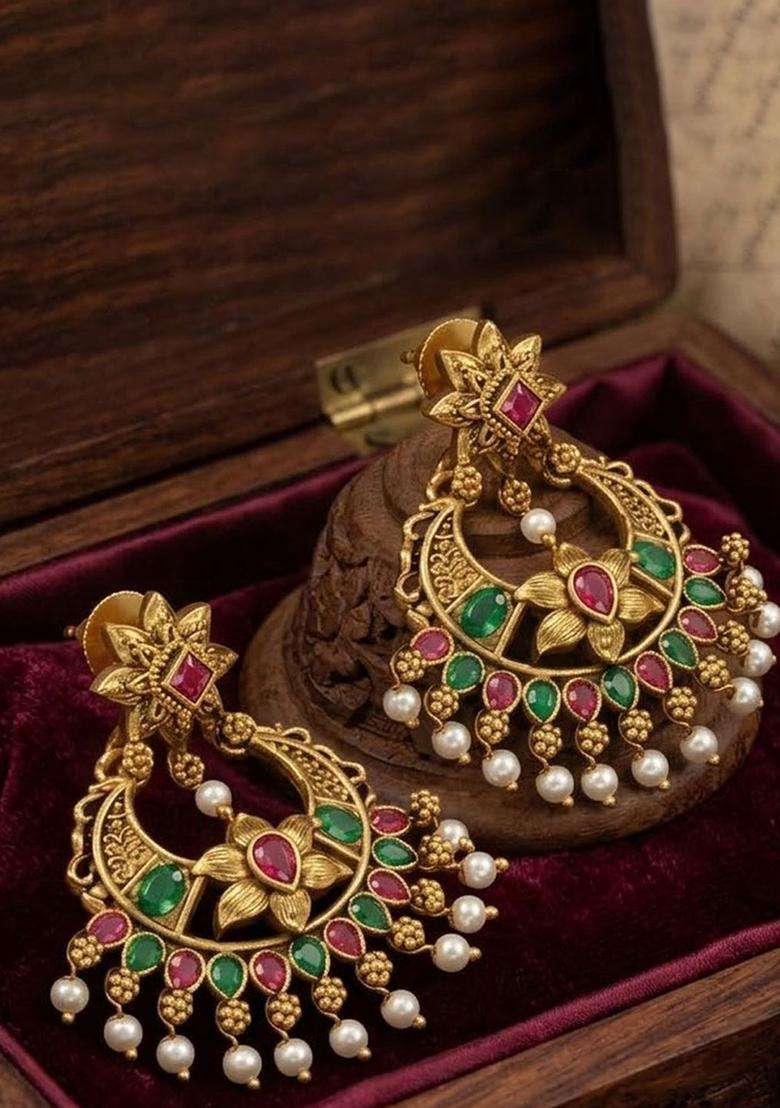 Gold-Plated Crescent Shaped Chandbalis Earrings with CZ Stone for Women | Traditional Temple Jewellery for Wedding & Festive Wear | Gift for Her - Indya