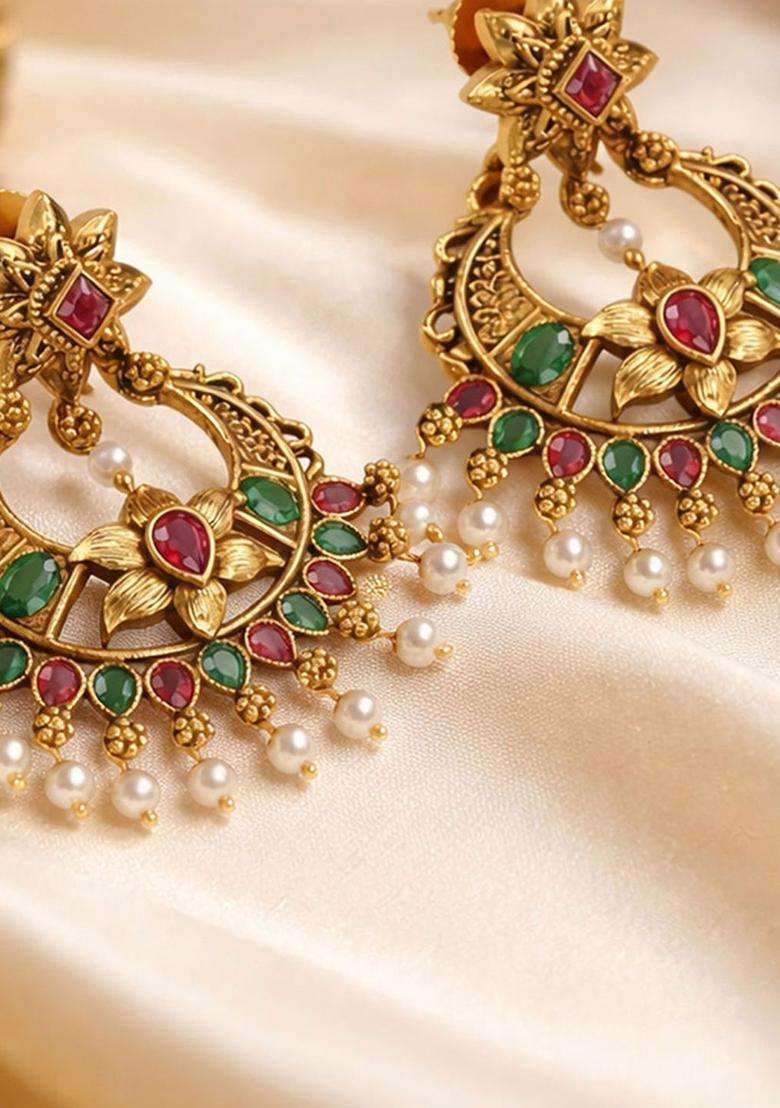 Gold-Plated Crescent Shaped Chandbalis Earrings with CZ Stone for Women | Traditional Temple Jewellery for Wedding & Festive Wear | Gift for Her - Indya
