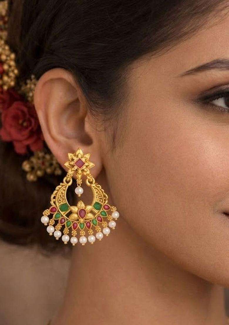 Gold-Plated Crescent Shaped Chandbalis Earrings with CZ Stone for Women | Traditional Temple Jewellery for Wedding & Festive Wear | Gift for Her - Indya