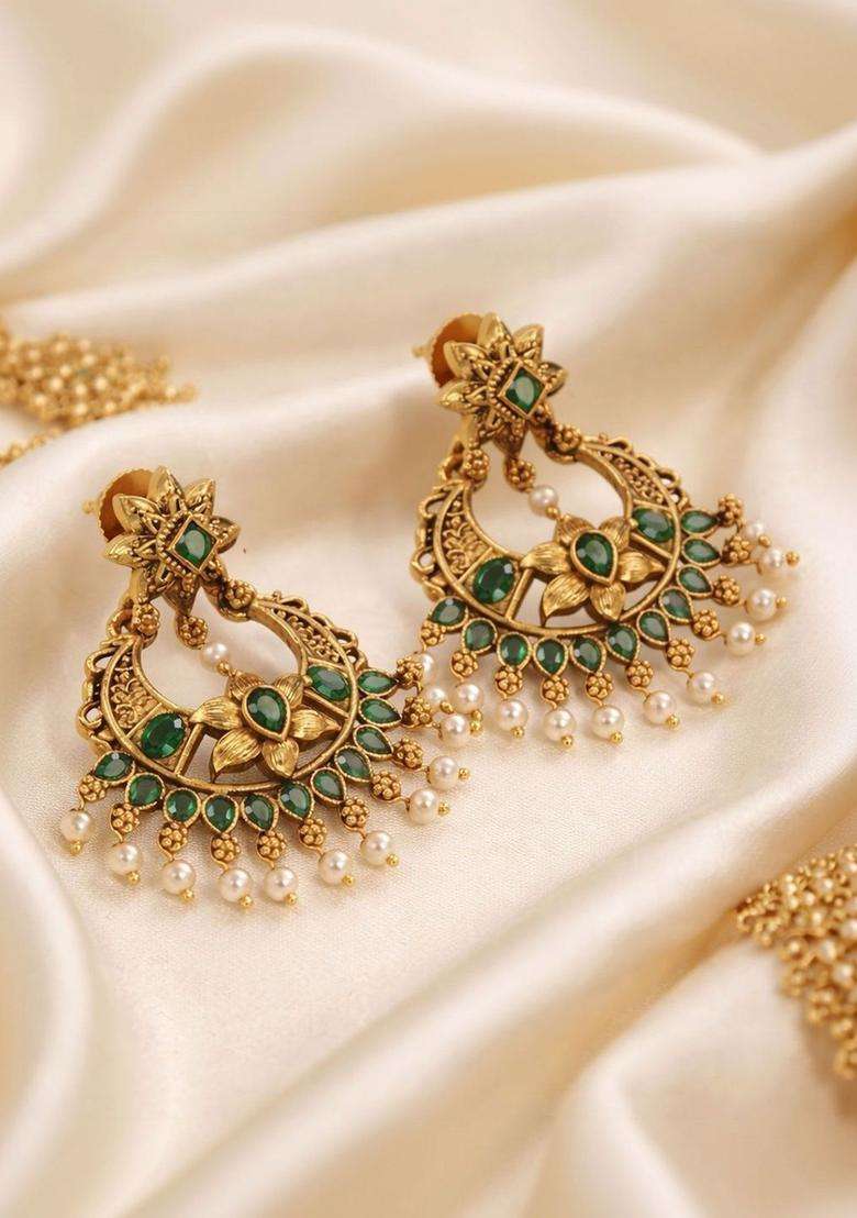 Gold-Plated Crescent Shaped Chandbalis Earrings with CZ Stone for Women | Traditional Temple Jewellery for Wedding & Festive Wear | Gift for Her - Indya