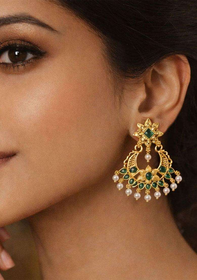 Gold-Plated Crescent Shaped Chandbalis Earrings with CZ Stone for Women | Traditional Temple Jewellery for Wedding & Festive Wear | Gift for Her - Indya