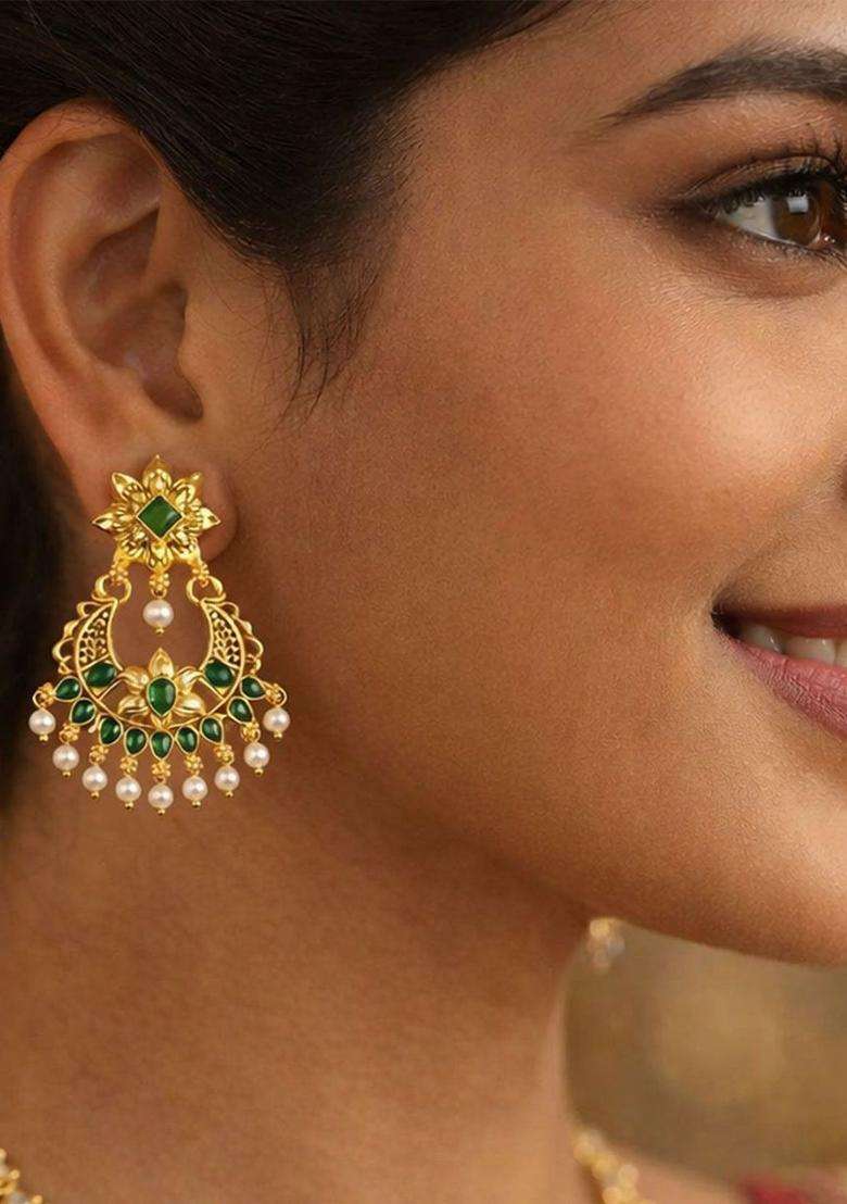 Gold-Plated Crescent Shaped Chandbalis Earrings with CZ Stone for Women | Traditional Temple Jewellery for Wedding & Festive Wear | Gift for Her - Indya
