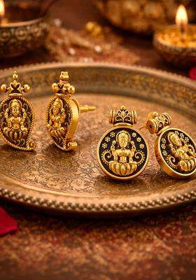 Circular Oxidised Gold Anti Tarnish Temple Ear Studs for Women | Traditional Temple Jewellery for Wedding & Festive Wear | Gift for Her